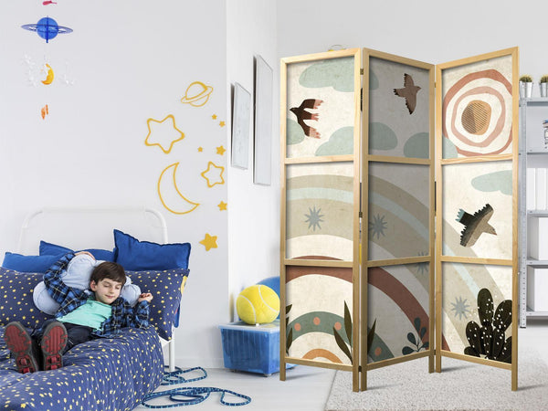 Paravento giapponese - Sun Above the Rainbow - Birds in Subdued Colors Flying Among Clouds Above a Rainbow and Vegetation on a Light Beige Background