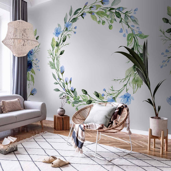 Carta da parati - Romantic wreath - plant motif with blue flowers and leaves