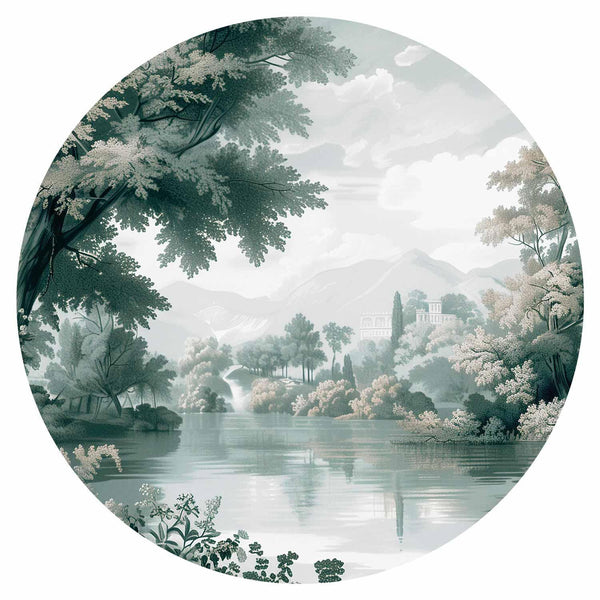 Carta da parati rotonda - Landscape with a park and lake in retro greens