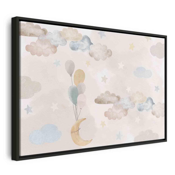 Quadro - Fairy-Tale Moon - Pastel Moon with Balloons Among Colorful Clouds and Stars in Subdued Colors on a Light Background