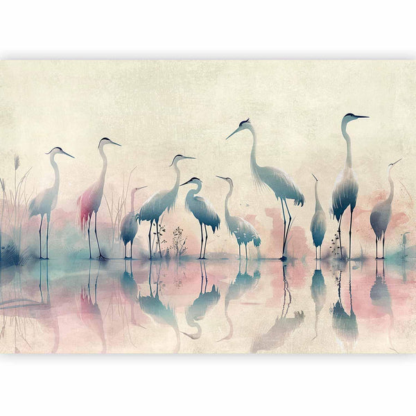 Carta da parati - Birds by the lake - herons painted in watercolour in delicate grey and pink colours