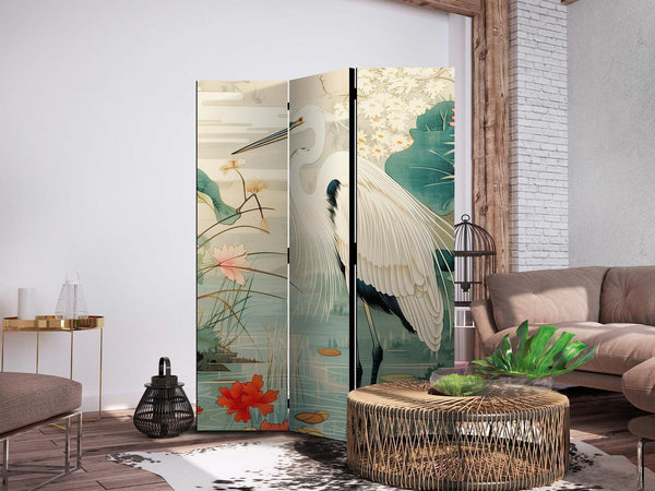 Paravento - By an Asian pond - an illustration in the style of a Japanese engraving, depicting a heron