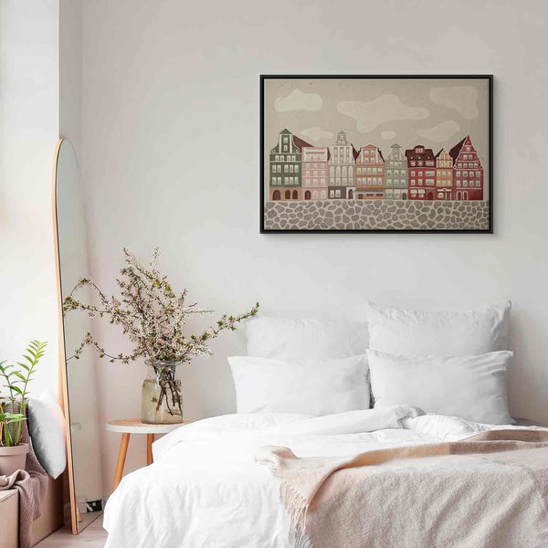 Quadro - Salt Square - Colorful Illustrated Townhouses Against a Cloudy Sky Background