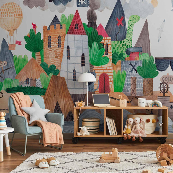 Carta da parati - A colourful treasure island with a castle - a pirate ship at sea for children