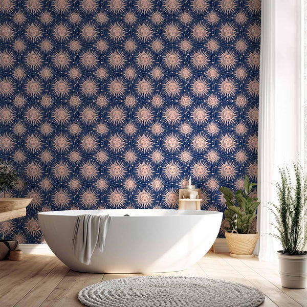 Tappezzeria murale - Sunny Patterns - Repeating sun motif on a navy background