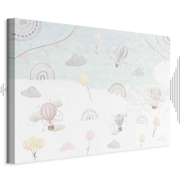 Quadro - Sky with Balloons - Balloons in Subdued Colors Flying in the Sky Among Clouds Rainbows and Stars