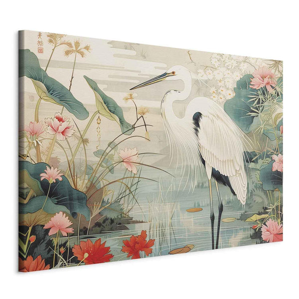 Quadro XXL - By an Asian pond - an illustration in the style of a Japanese engraving, depicting a heron