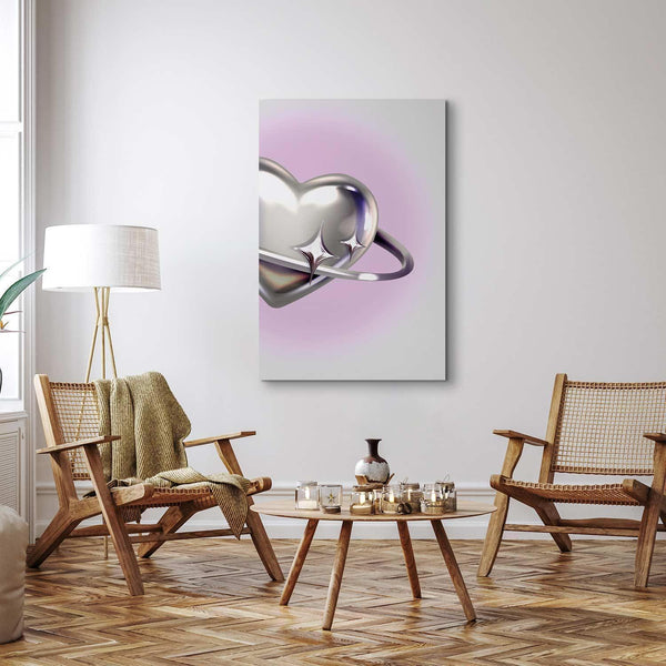 Quadro - Cosmic Heart - Silver Heart with a Ring on a Purple Background