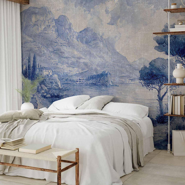 Carta da parati - Blue Bay - Italian landscape of Lake Como painted with blue ink