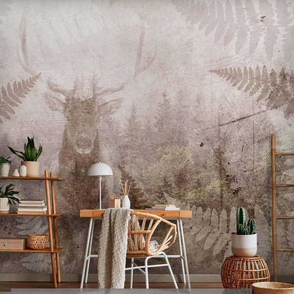 Carta da parati - Forest motif - deer with antlers among fern leaves on concrete pattern