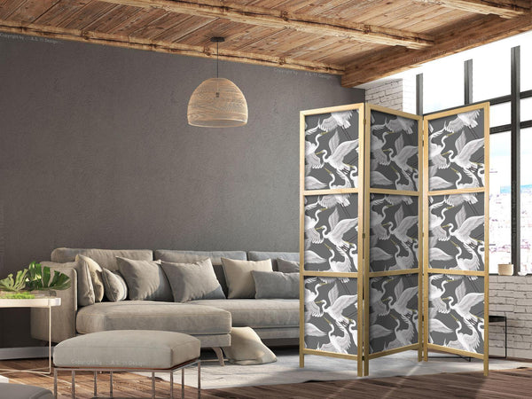 Paravento giapponese - Pastel birds - a delicate pattern of white and grey herons on a light pink background