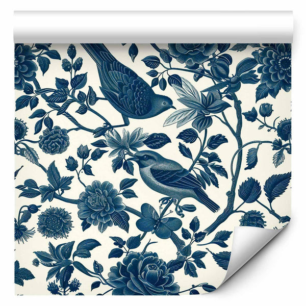 Tappezzeria murale - Birds and roses - monochrome blue pattern with botanical motif