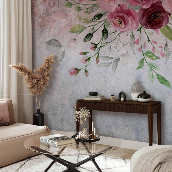 Carta da parati - Summer bloom - plant motif with flowers and leaves in pink tones