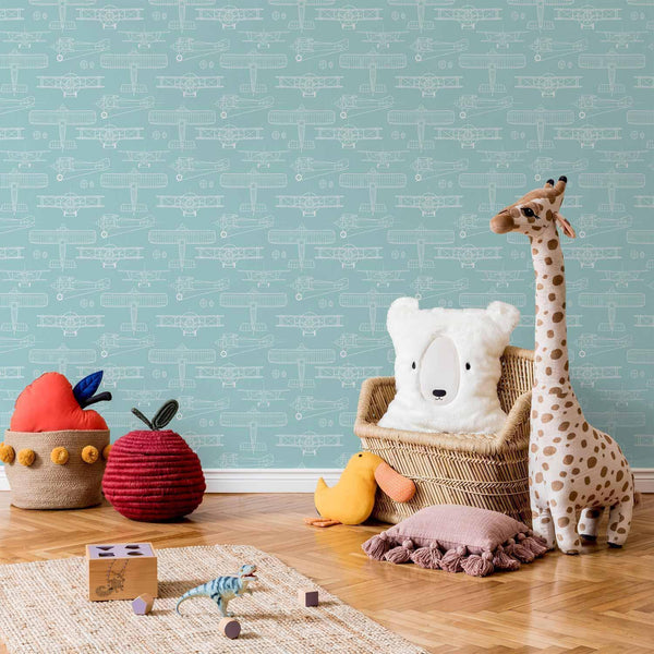 Tappezzeria murale - Sketch - Outline of an airplane in white on a turquoise background