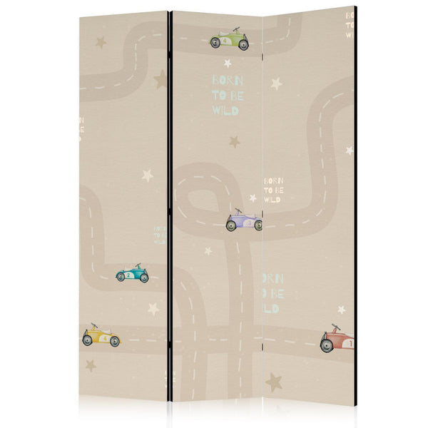 Paravento - Race - Colorful Cars on a Road on a Beige Background with Stars