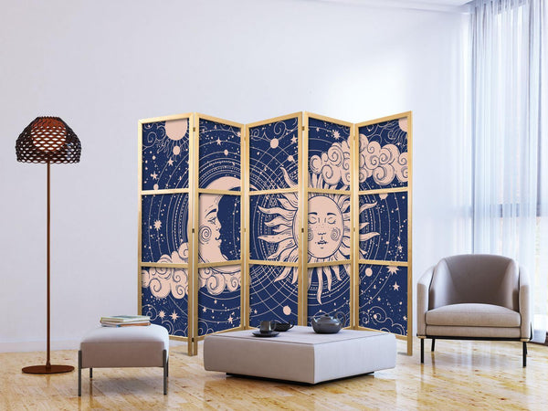 Paravento giapponese - Cosmic Harmony - Illustration of the Sun and Moon on a Navy Background