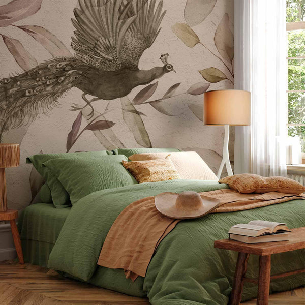 Carta da parati - Bird among the leaves - floral motif with a flying peacock in cool tones