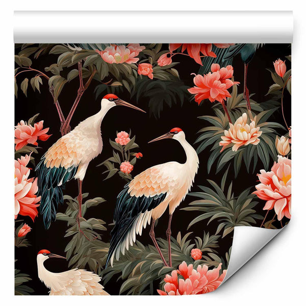 Tappezzeria murale - Ornament with birds - silhouettes of cranes and peony flowers on a dark background