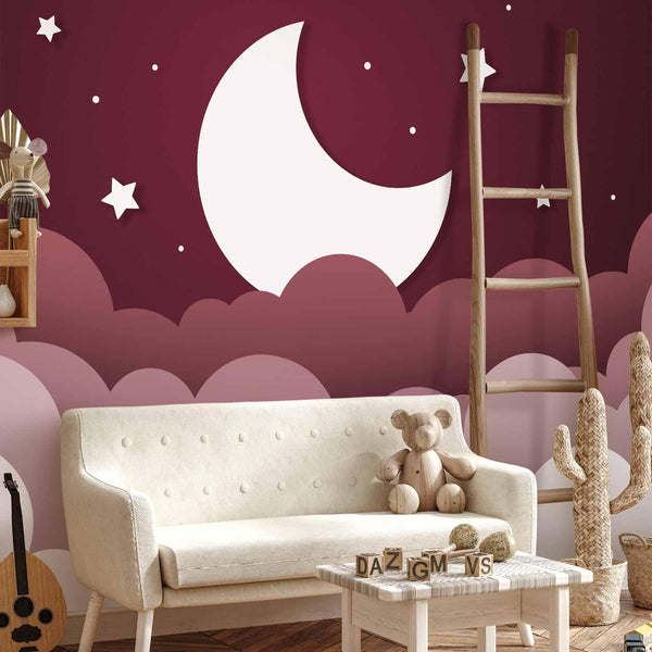 Carta da parati - Moon dream - clouds in a maroon sky with stars for children