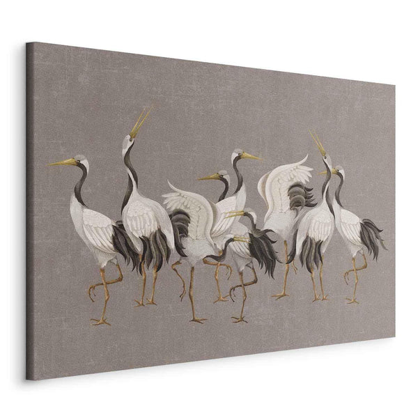Quadro - Crane dance – bright silhouettes of birds against a warm grey background with texture