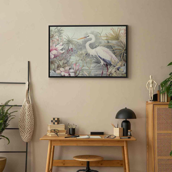 Quadro - Heron wading in a pond - illustration in bright colours