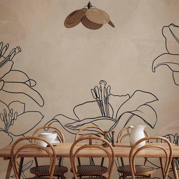Carta da parati - Sketch of nature - minimalist lineart with lily flowers on a beige background