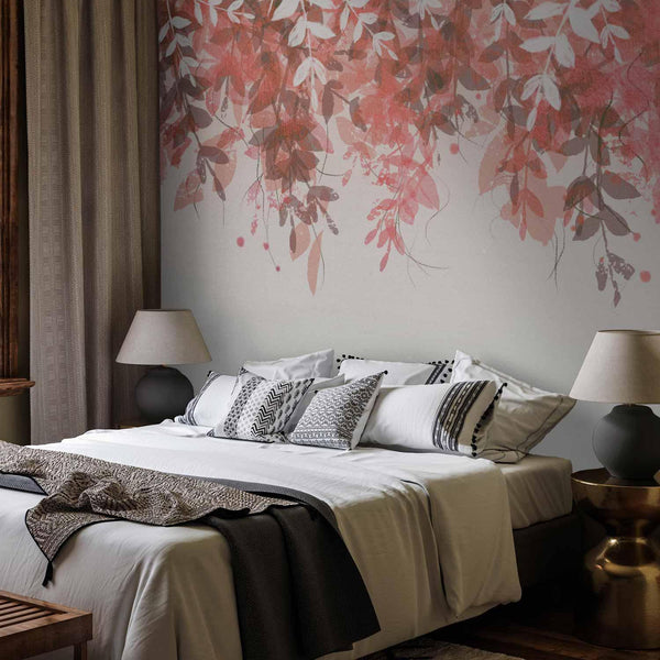 Carta da parati - Under vegetation - hanging vines of pink leaves on a neutral background