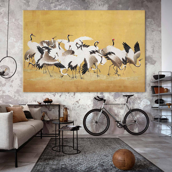 Quadro XXL - Japanese cranes - a flock of birds against a golden background based on a painting by Ishida Yūtei