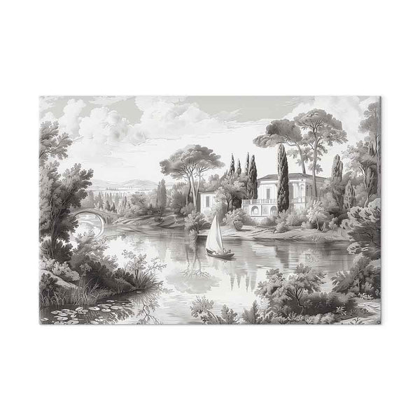 Quadro - Black and White Vintage Landscape Retro View of a Pond with a Boat