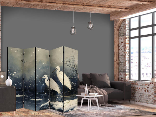 Paravento - Herons over a winter pond - Japanese-style illustration in dark colours