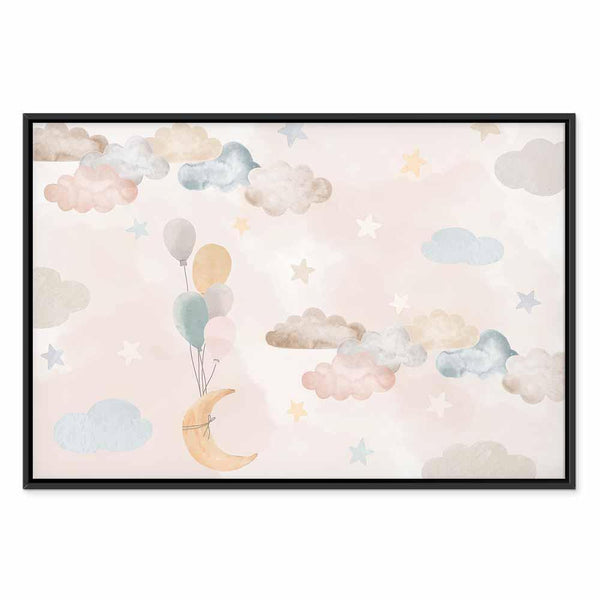 Quadro - Fairy-Tale Moon - Pastel Moon with Balloons Among Colorful Clouds and Stars in Subdued Colors on a Light Background