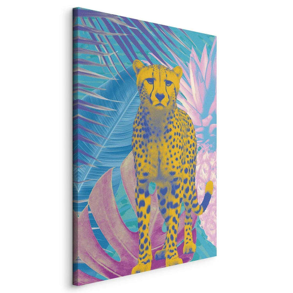 Quadro - Exotic Leopard - Colorful Portrait of a Cheetah Against Tropical Leaves