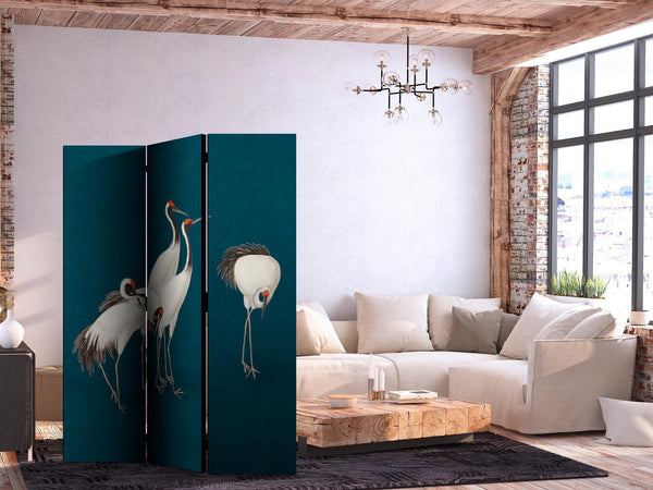 Paravento - Evening by the pond - a group of cranes drawn with dry pastels on a dark turquoise background