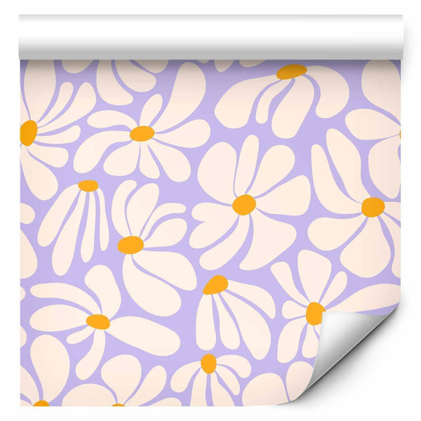 Tappezzeria murale - Cute Creamy Little Flowers - Small flowers with creamy - wind-blown petals on a blue background
