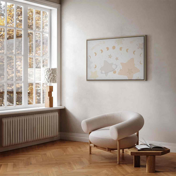 Quadro - Fairy-Tale Galaxy - Phases of the Moon in Yellow Tones Among Stars in Beige and Ash Colors with Stardust