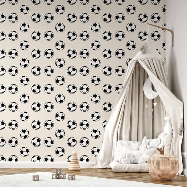 Tappezzeria murale - Soccer - Symmetrical black-and-white soccer balls on a beige background