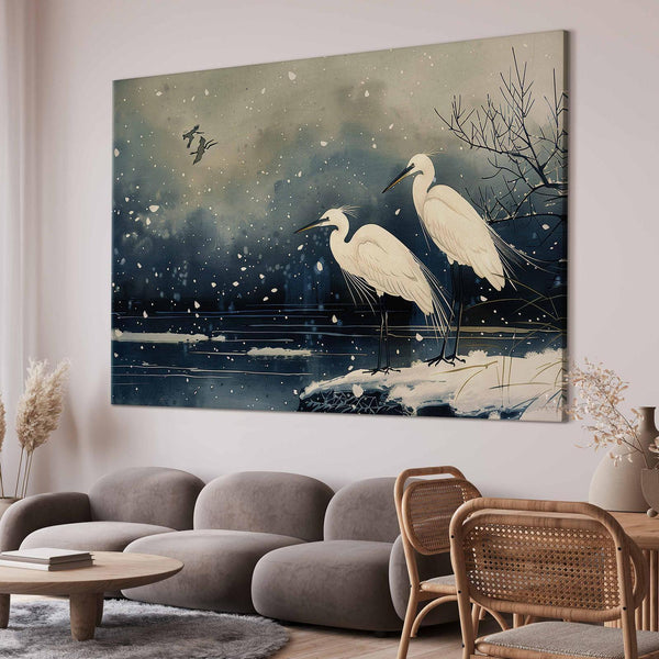 Quadro XXL - Herons over a winter pond - Japanese-style illustration in dark colours