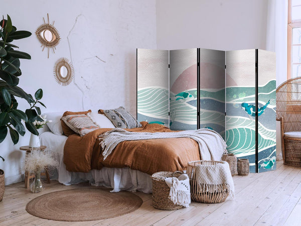 Paravento - Picturesque Landscape With Fish - Sunset And Koi Fish in Shades of Turquoise And Blue Floating Above The Water