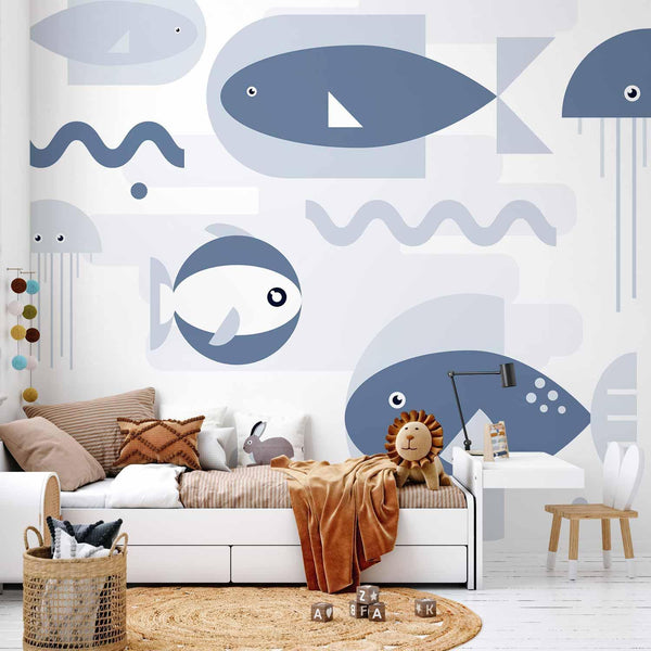 Carta da parati - Minimalist ocean - geometric fish and crabs in water for kids