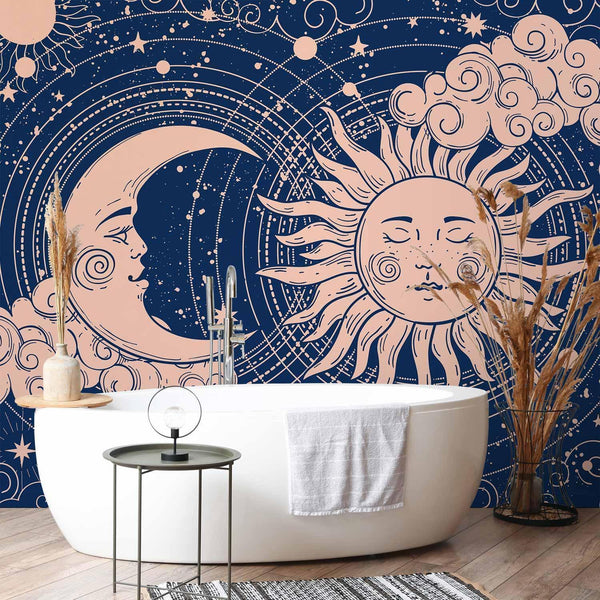Carta da parati - Cosmic Harmony - Illustration of the Sun and Moon on a Navy Background