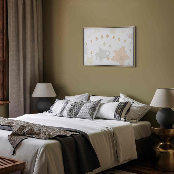 Quadro - Fairy-Tale Galaxy - Phases of the Moon in Yellow Tones Among Stars in Beige and Ash Colors with Stardust