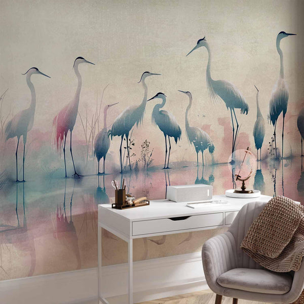 Carta da parati - Birds by the lake - herons painted in watercolour in delicate grey and pink colours