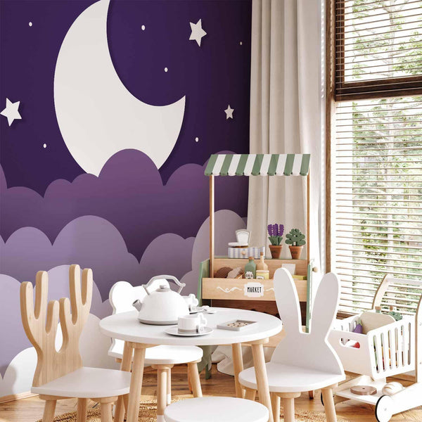 Carta da parati - Moon dream - clouds in a purple sky with stars for children
