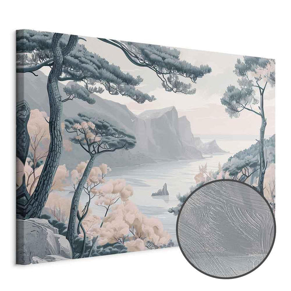 Quadro - Mountainous Coast with Trees and Rocks in Light Pastel Blues