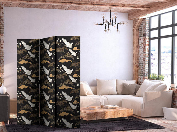 Paravento - Oriental impressions - decorative pattern with a motif of flying cranes on a dark background