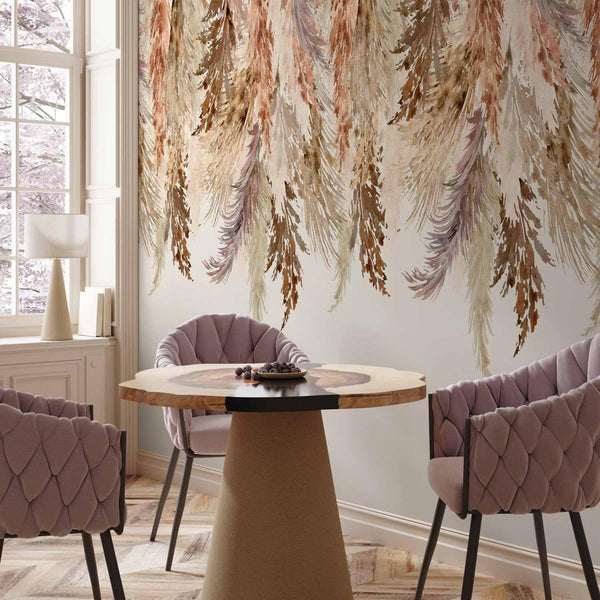 Carta da parati - Minimalist boho landscape - dangling leaves in beige colours