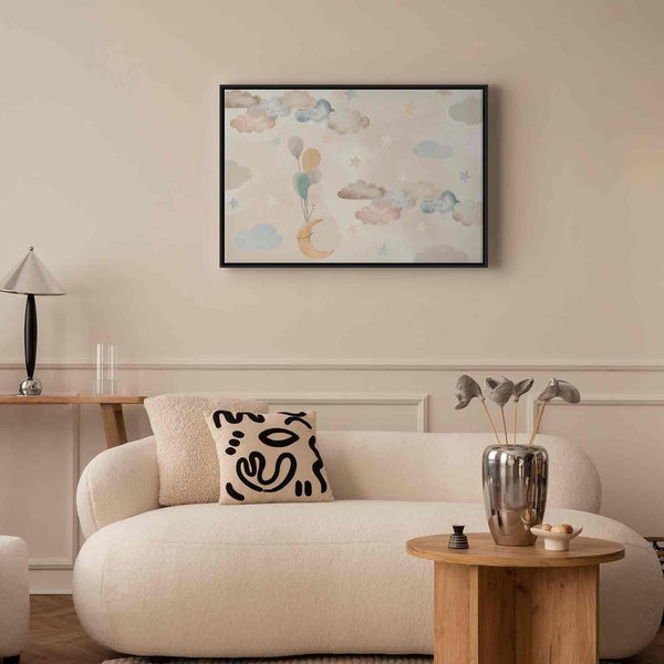 Quadro - Fairy-Tale Moon - Pastel Moon with Balloons Among Colorful Clouds and Stars in Subdued Colors on a Light Background