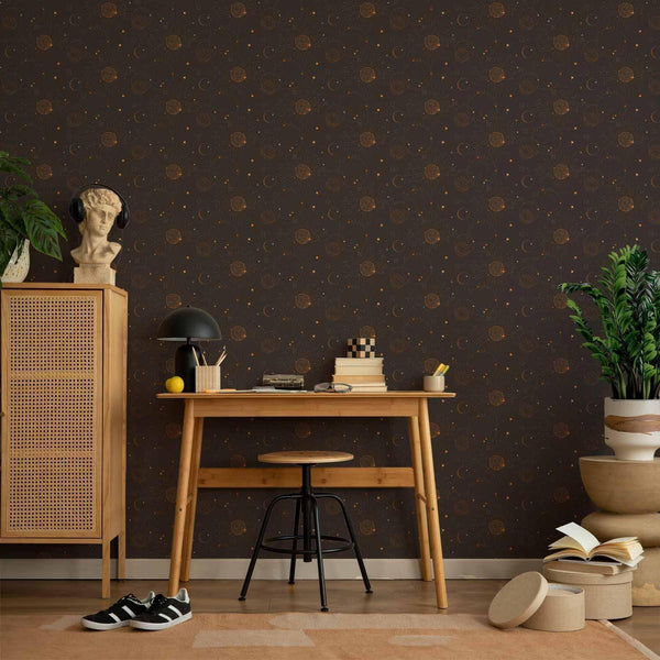 Tappezzeria murale - Night Sky - Artistic Composition of Suns and Planets on a Black Background