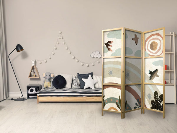 Paravento giapponese - Sun Above the Rainbow - Birds in Subdued Colors Flying Among Clouds Above a Rainbow and Vegetation on a Light Beige Background