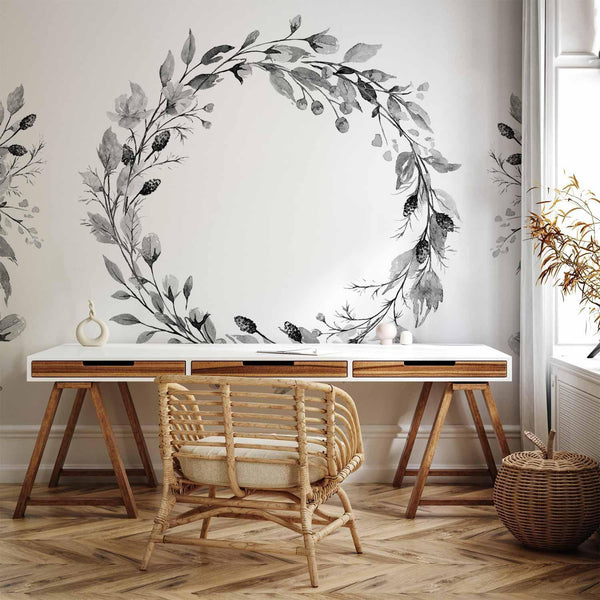 Carta da parati - Romantic wreath - grey plant motif with leaves with rose pattern